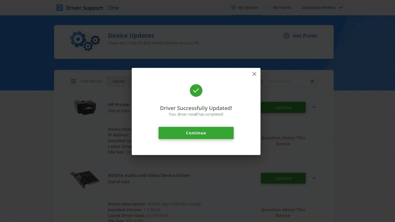 DriverSupport - Driver Updated Confirm